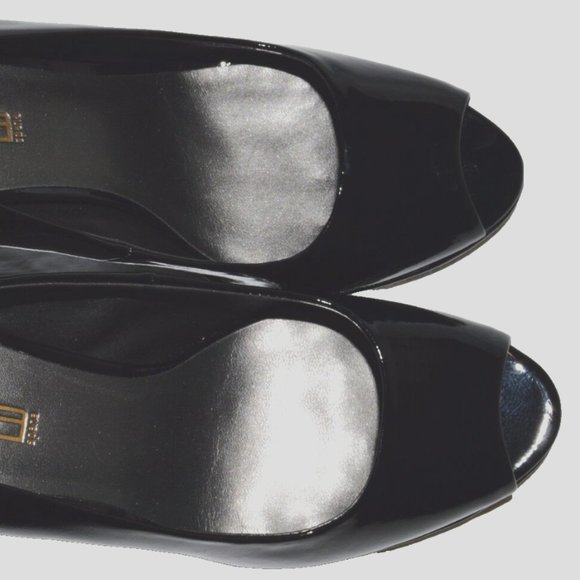 MODA SPANA NEW SIZE SIZE 9 M BLACK PATENT PEEP TOE PLATFORM PUMPS HEELS SHOES - Picture 3 of 6
